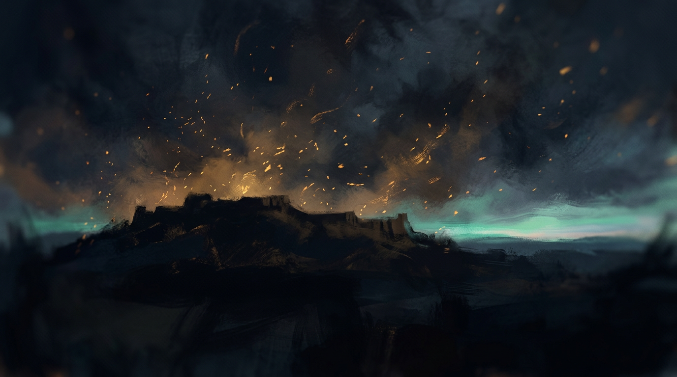 Abstract placeholder art: a dark hilltop silhouette under a smoke-and-ember sky.