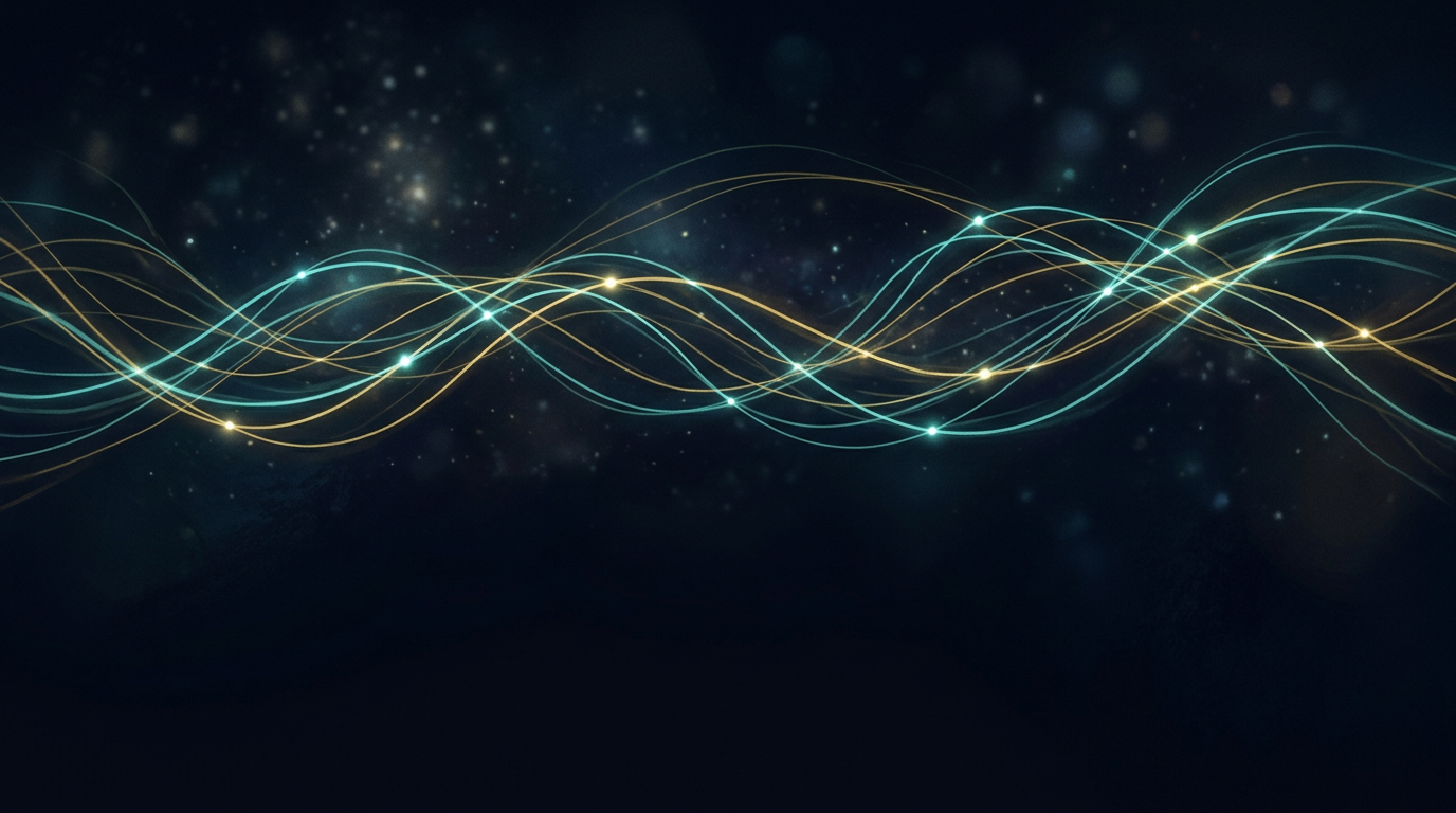 Abstract placeholder art: teal and gold signal lines over deep navy.